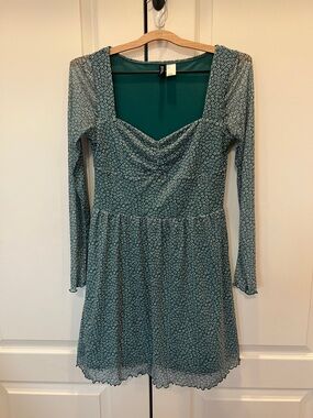 Divided Teal Floral Long-Sleeve Mini Dress